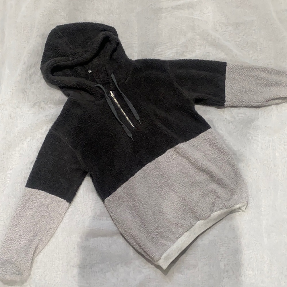 Dark and light grey fuzzy three quarter zip hoodie